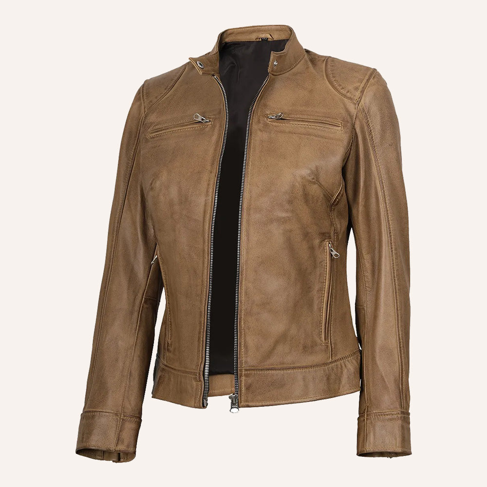 Women’s Classic Distressed Beige Real Leather Cafe Racer Biker Jacket