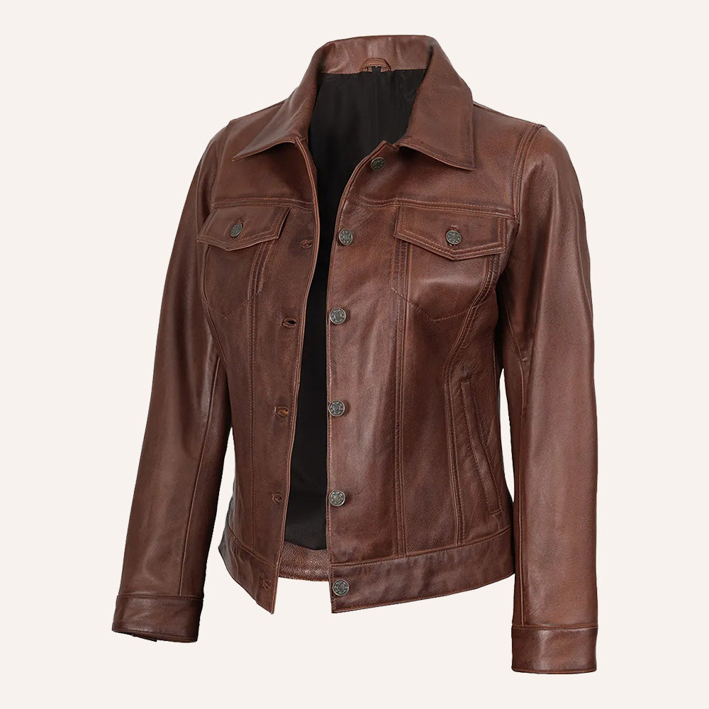 Women’s Classic Vintage Distressed Brown Real Leather Trucker Jacket