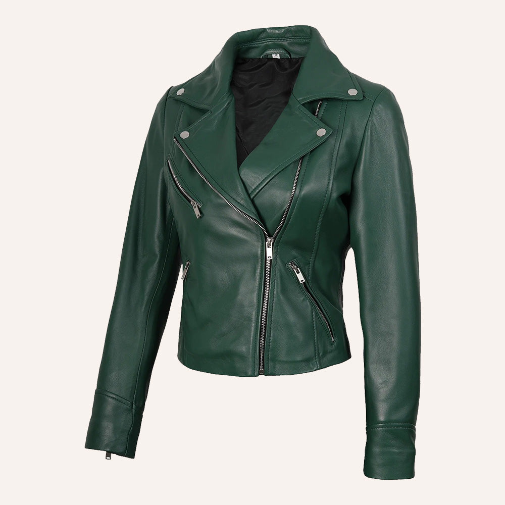 Women’s Classic Emerald Green Real Leather Biker Jacket