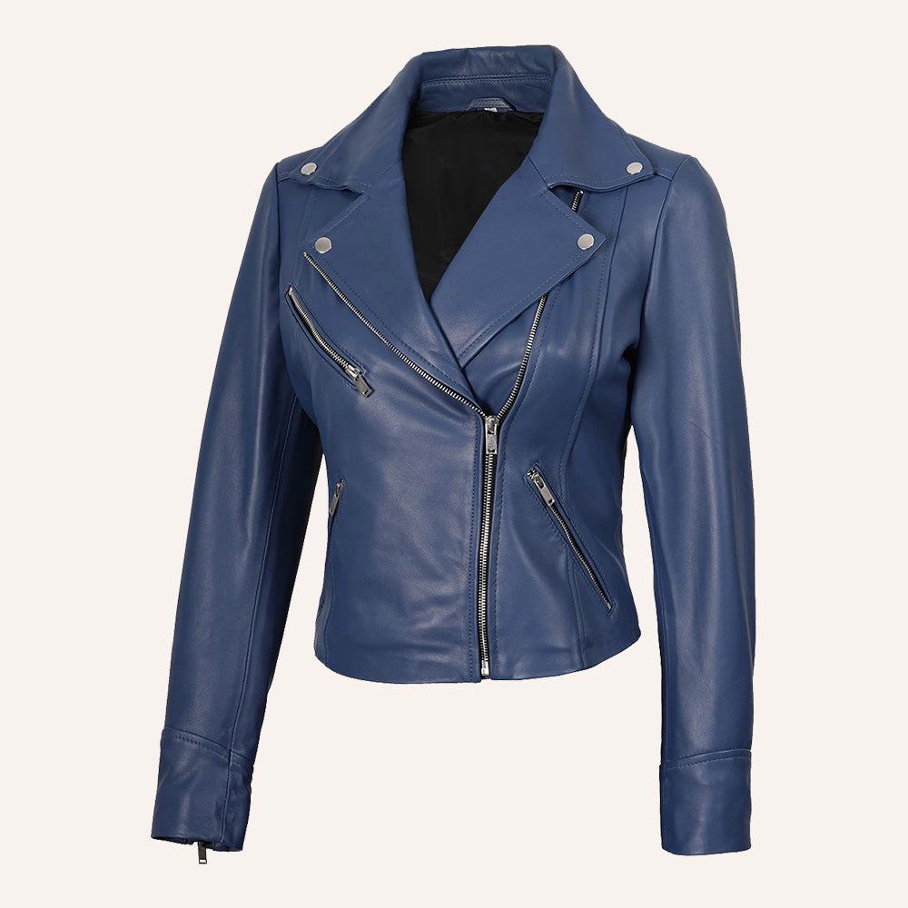 Women’s Classic Navy Blue Real Leather Biker Jacket