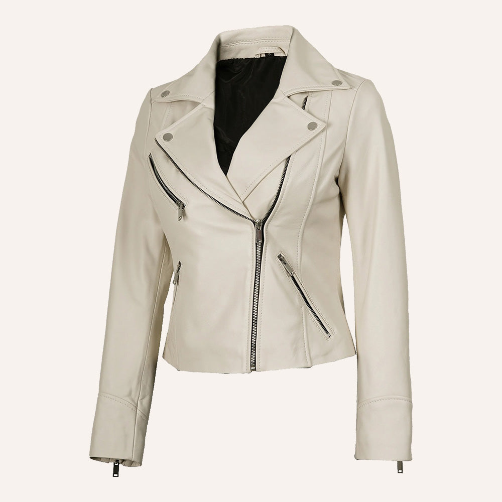 Women’s Classic Off-White Real Leather Biker Jacket