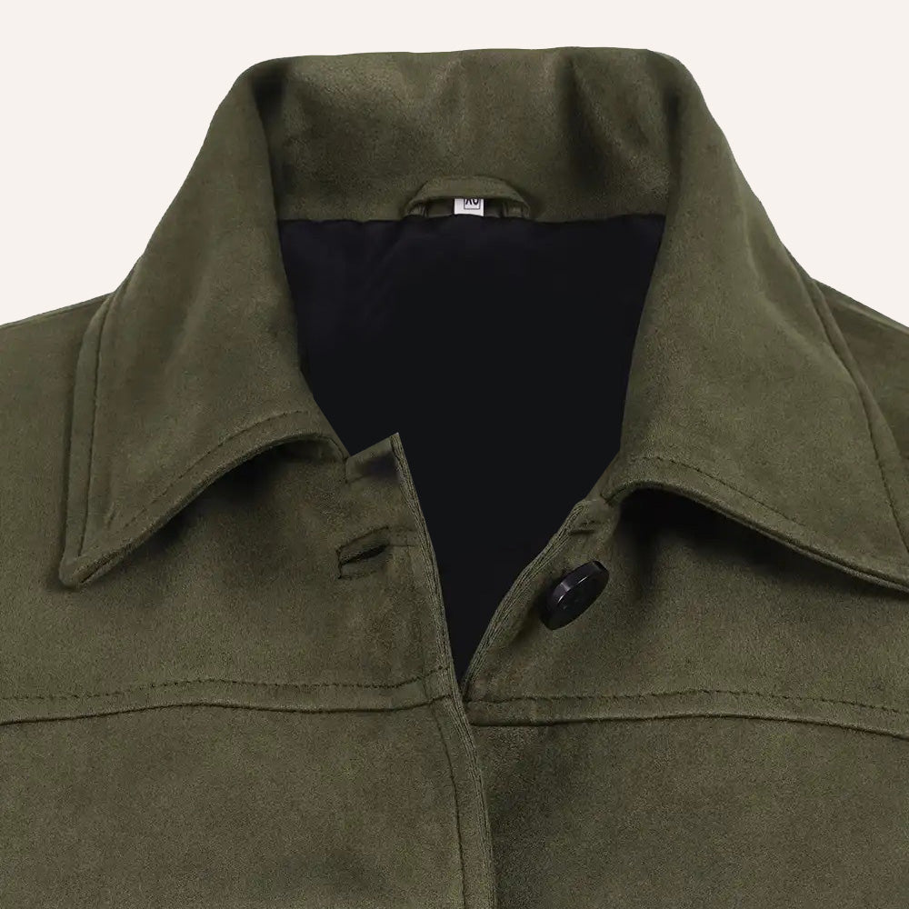 Women’s Classic Olive Green Suede Leather Mid-Length Trench Coat