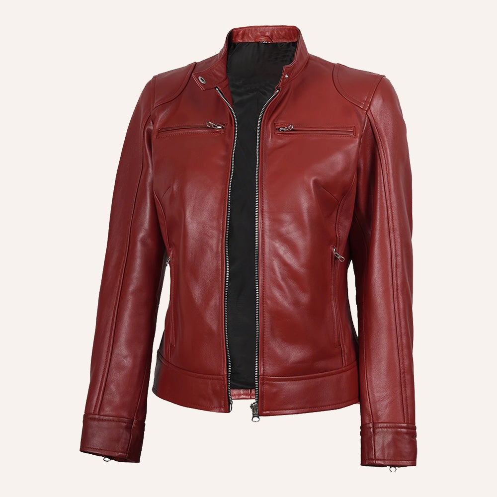 Women’s Classic Red Real Leather Cafe Racer Biker Jacket