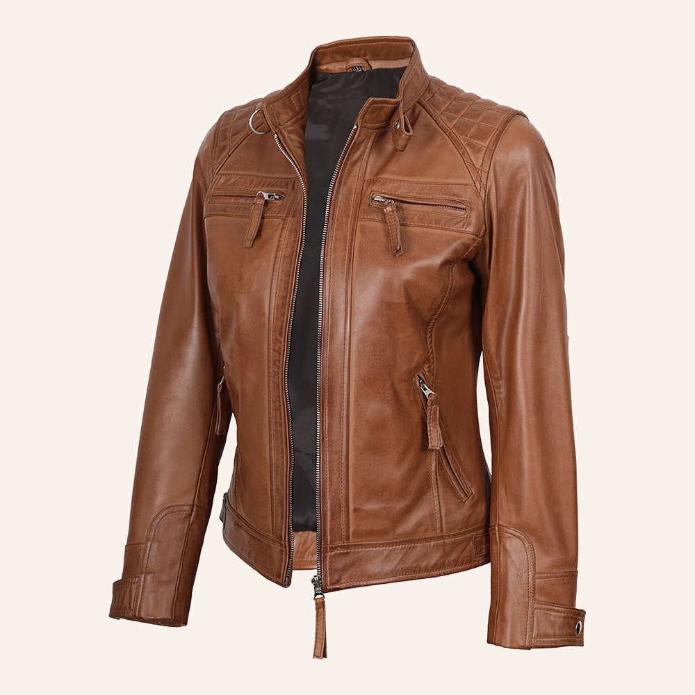 Women’s Classic Tan Brown Quilted Real Leather Cafe Racer Biker Jacket