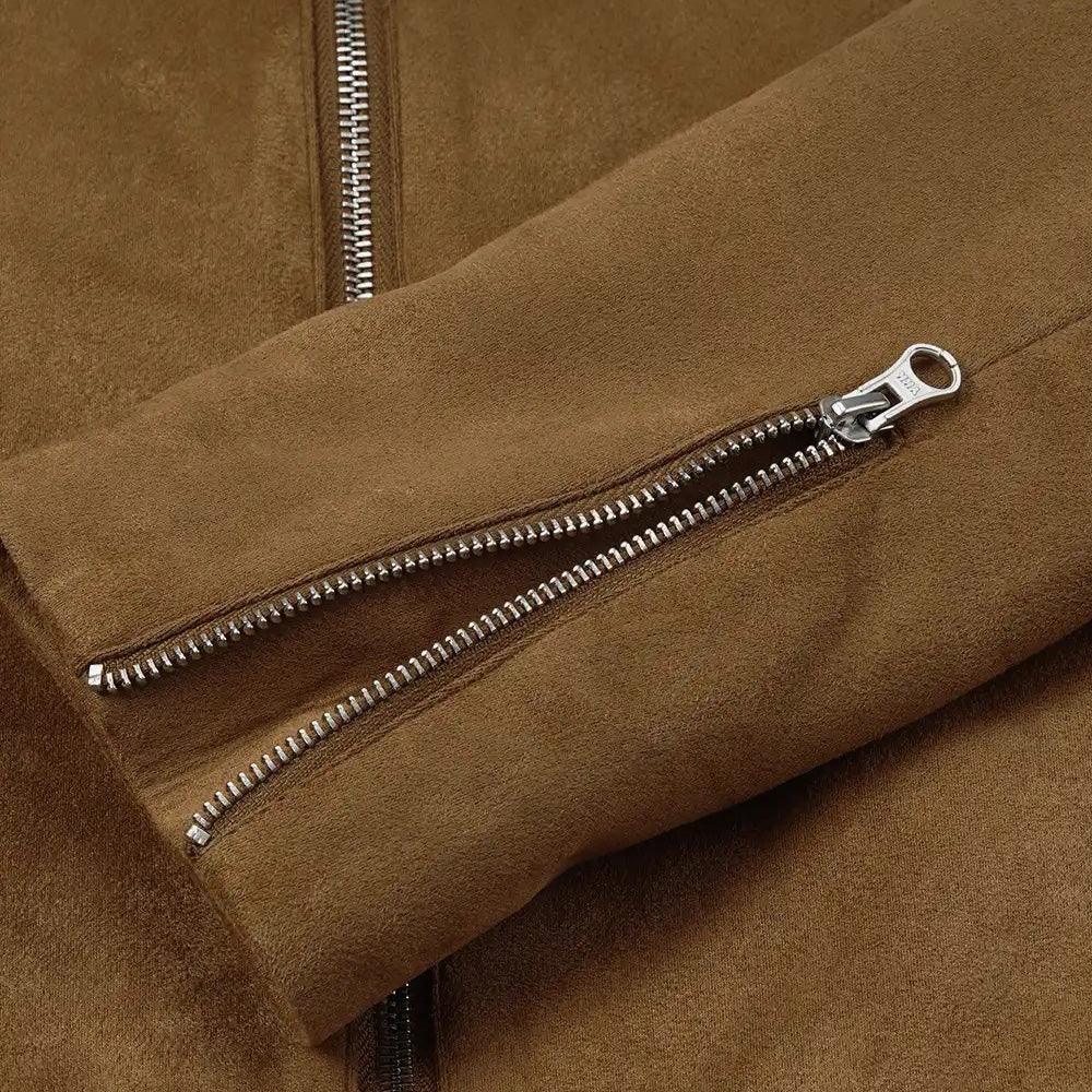 Women’s Classic Tan Brown Suede Zip Jacket with Zipper Cuffs