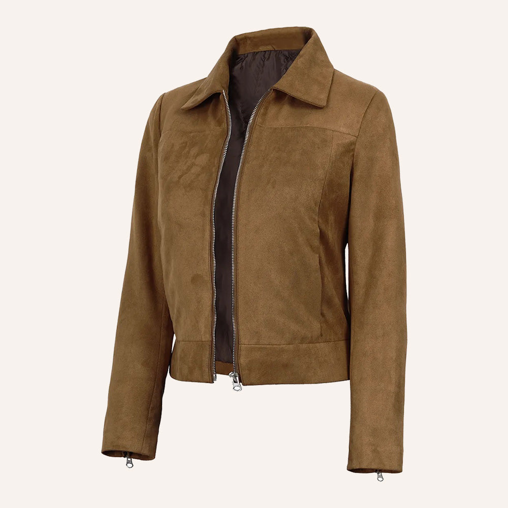 Women’s Classic Tan Brown Suede Zip Jacket with Zipper Cuffs
