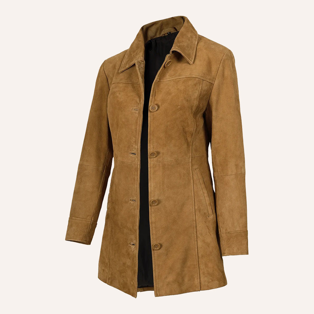Women’s Vintage Tan Brown Suede Mid-Length Leather Coat