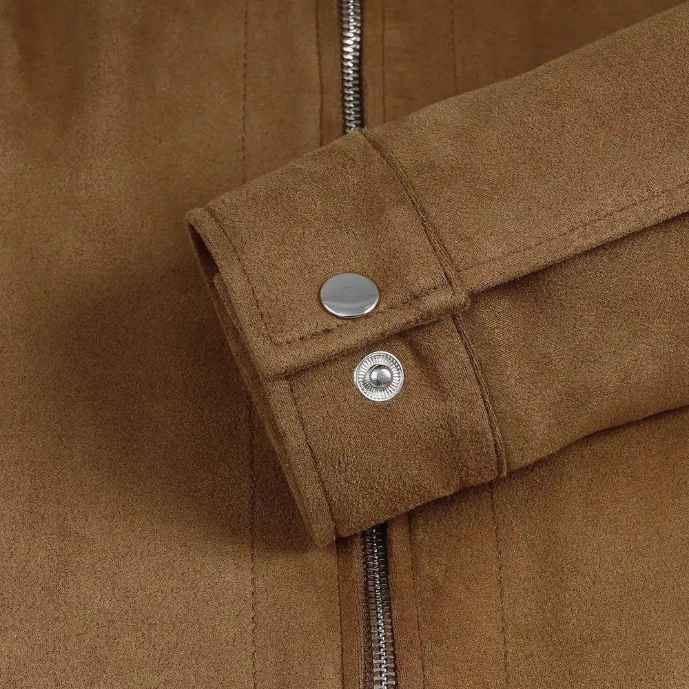 Women’s Classic Tan Real Suede Zip-Up Jacket with Snap Waist Tabs