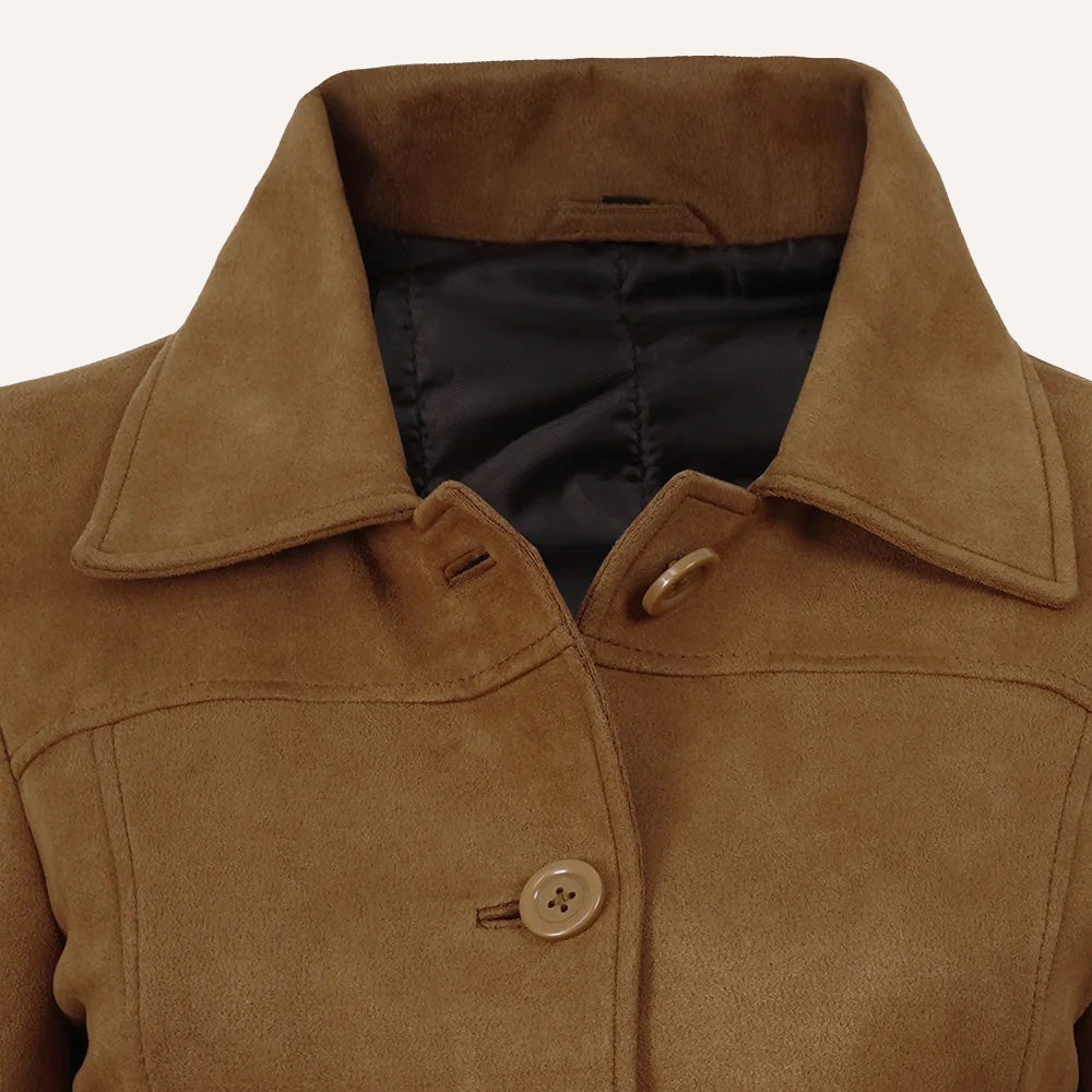 Women’s Classic Tobacco Brown Suede Leather Mid-Length Trench Coat