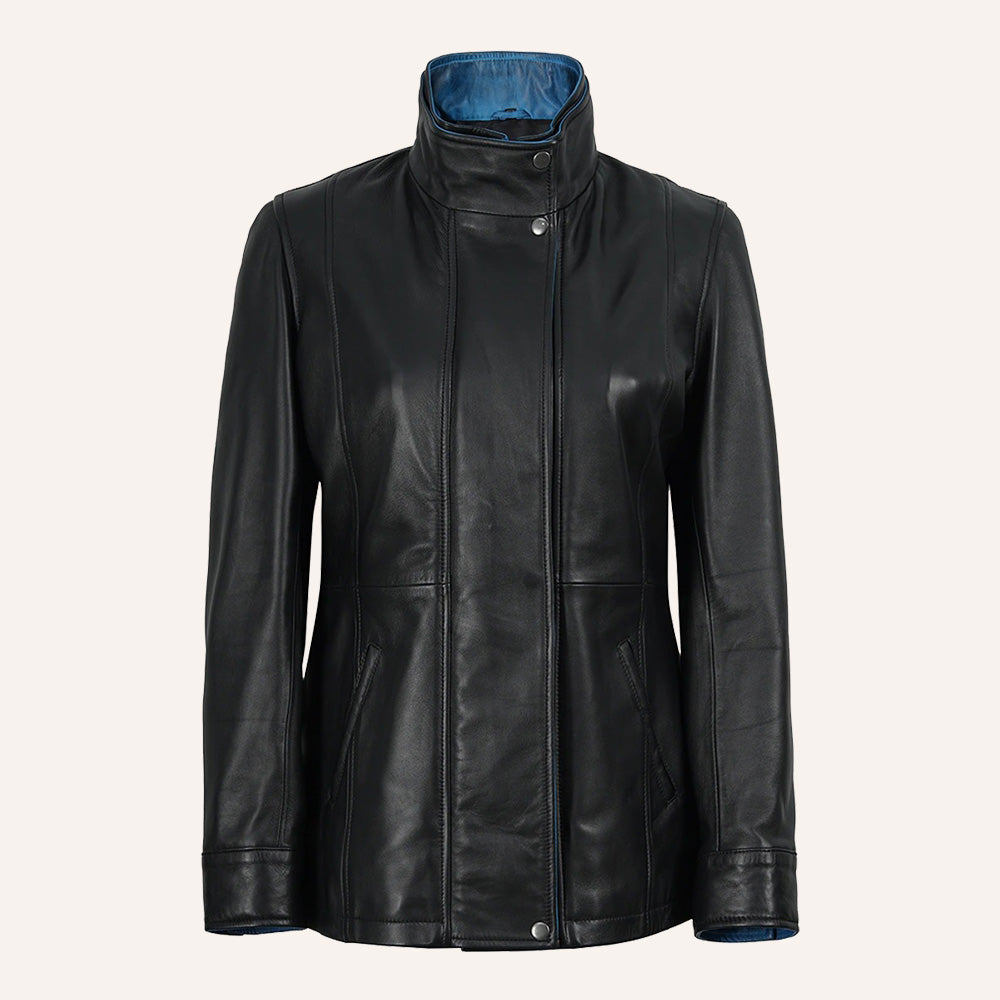 Women’s Classic Two-Tone Black and Royal Blue Real Leather Mid-Length Coat