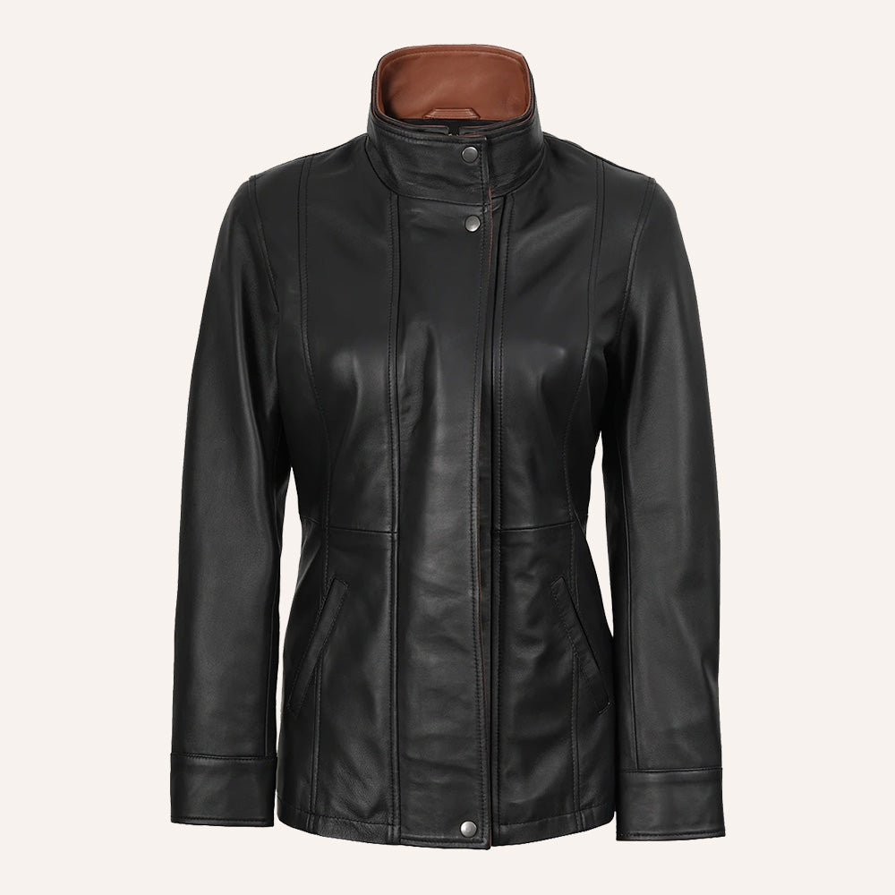 Women’s Classic Two-Tone Black and Tan Brown Real Leather Mid-Length Coat