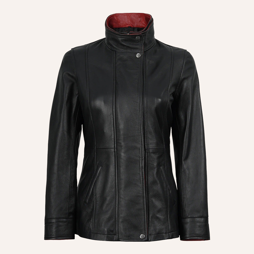 Women’s Classic Two-Tone Black and Crimson Red Real Leather Mid-Length Coat