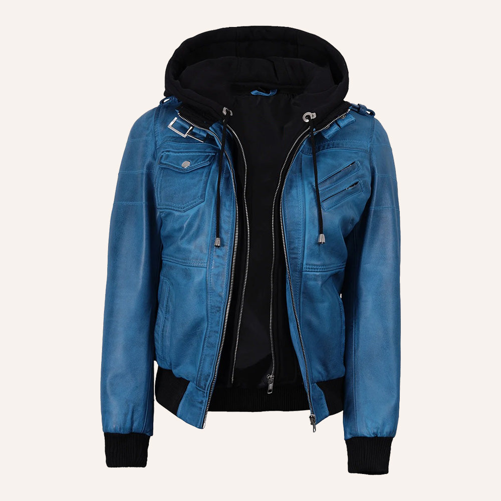 Women’s Classic Vibrant Blue Real Leather 2-in-1 Hooded Bomber Jacket with Removable Hood