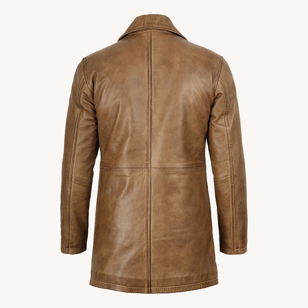 Men's Brown Distressed Leather Coat with Notched Collar and Button Closure