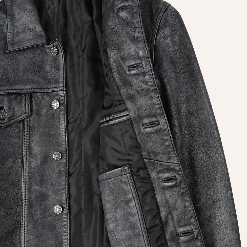 Gray leather jacket chest flap pocket detail