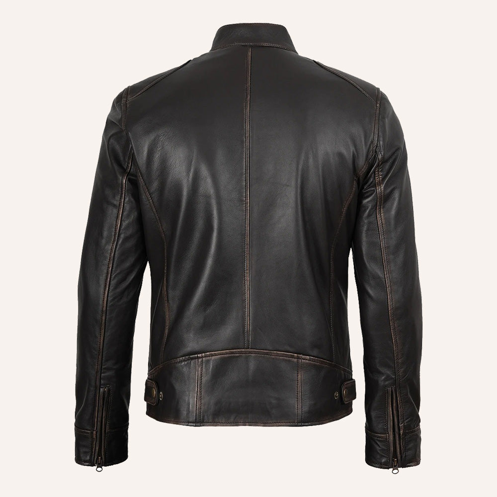 Men's Black Leather Cafe Racer Jacket with Distressed Finish