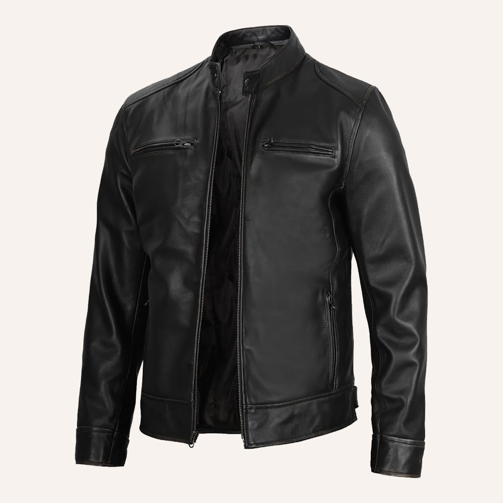 Men's Distressed Black Leather Cafe Racer Jacket