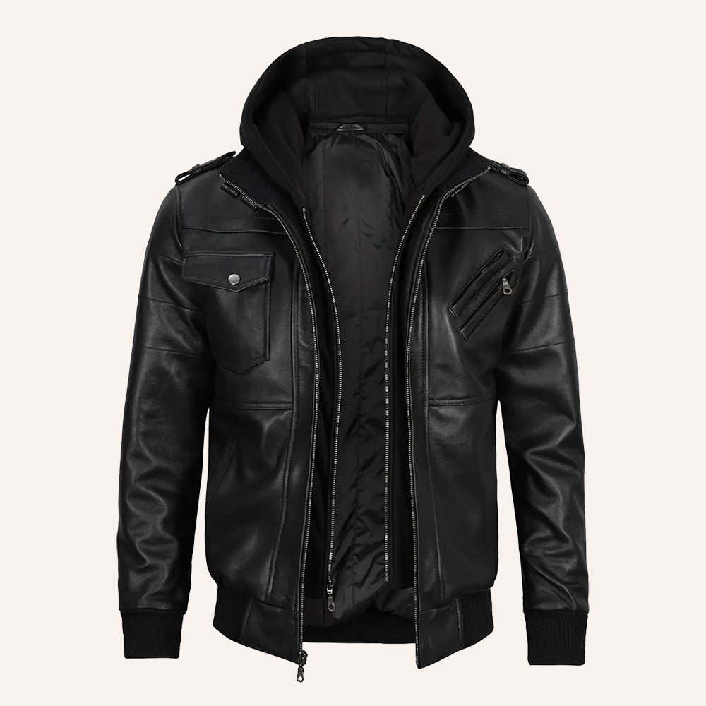 Men's Black Leather Jacket with Detachable Hood
