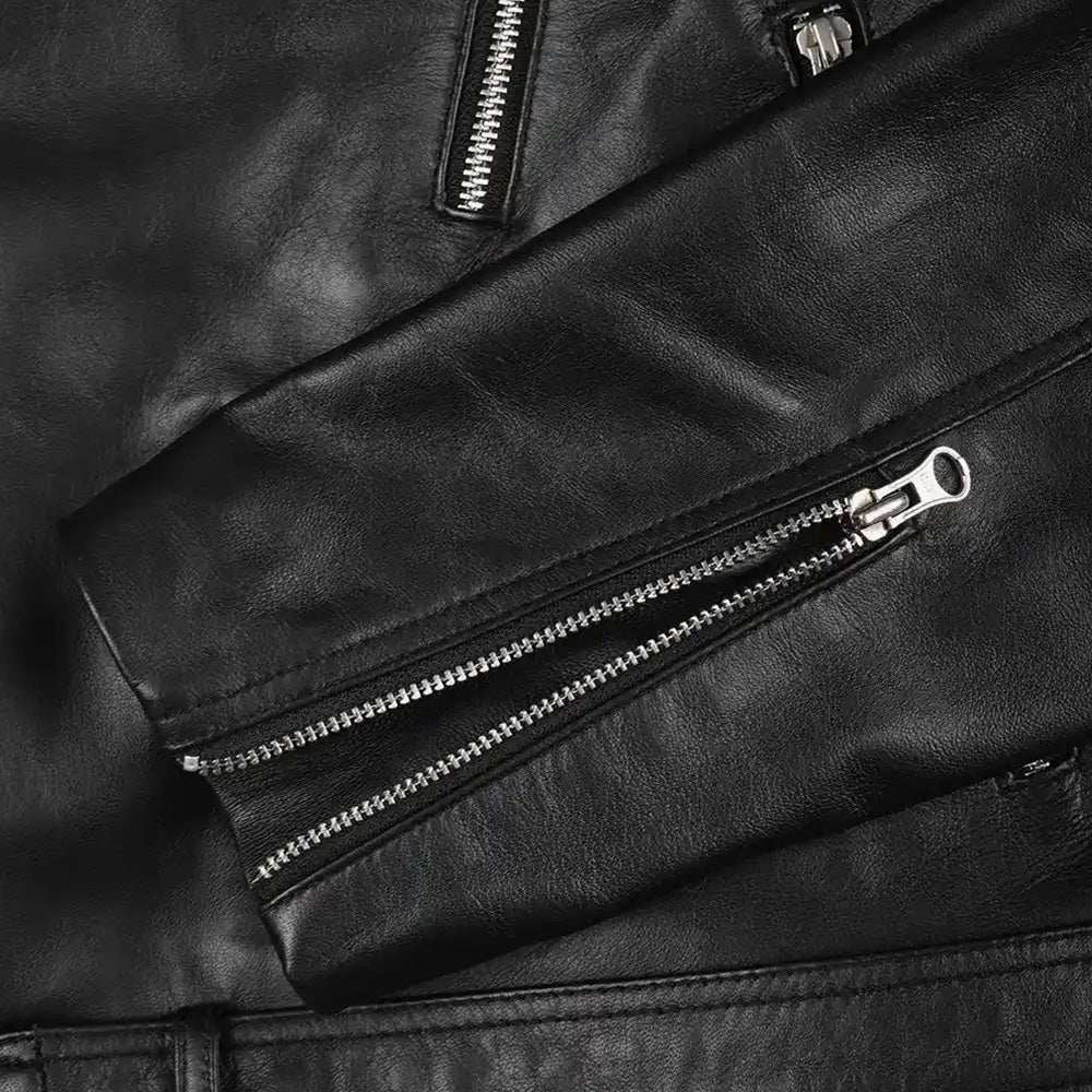 Men's Black Leather Biker Jacket with Belted Waist