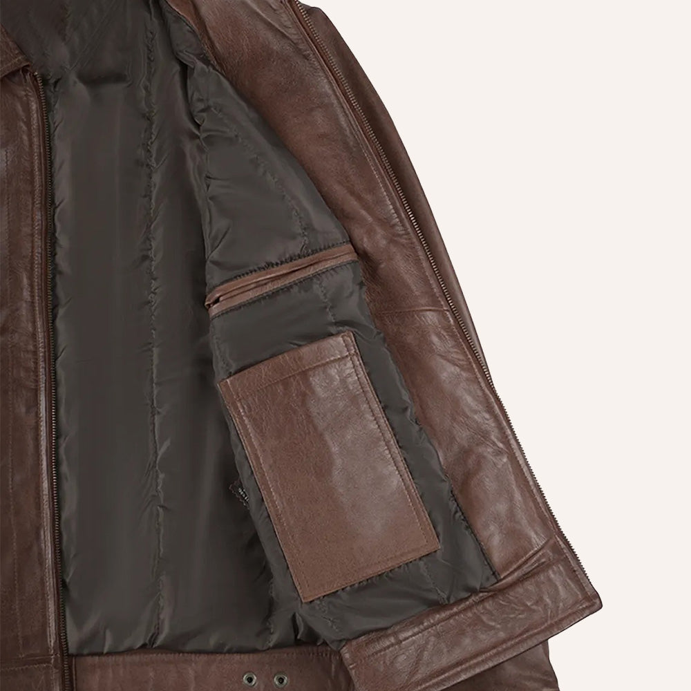 Men's Brown Leather Jacket with Snap Cuffs