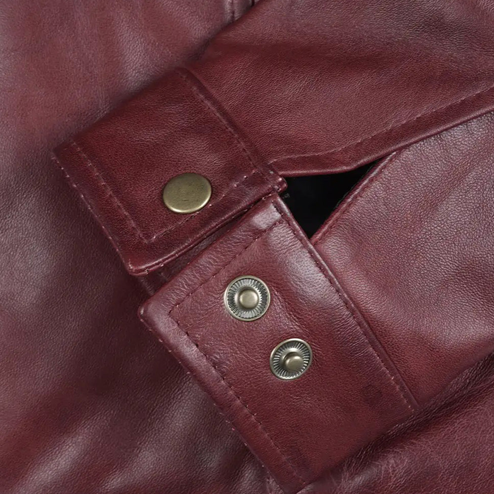 Men's Burgundy Leather Jacket with Front Zip Closure