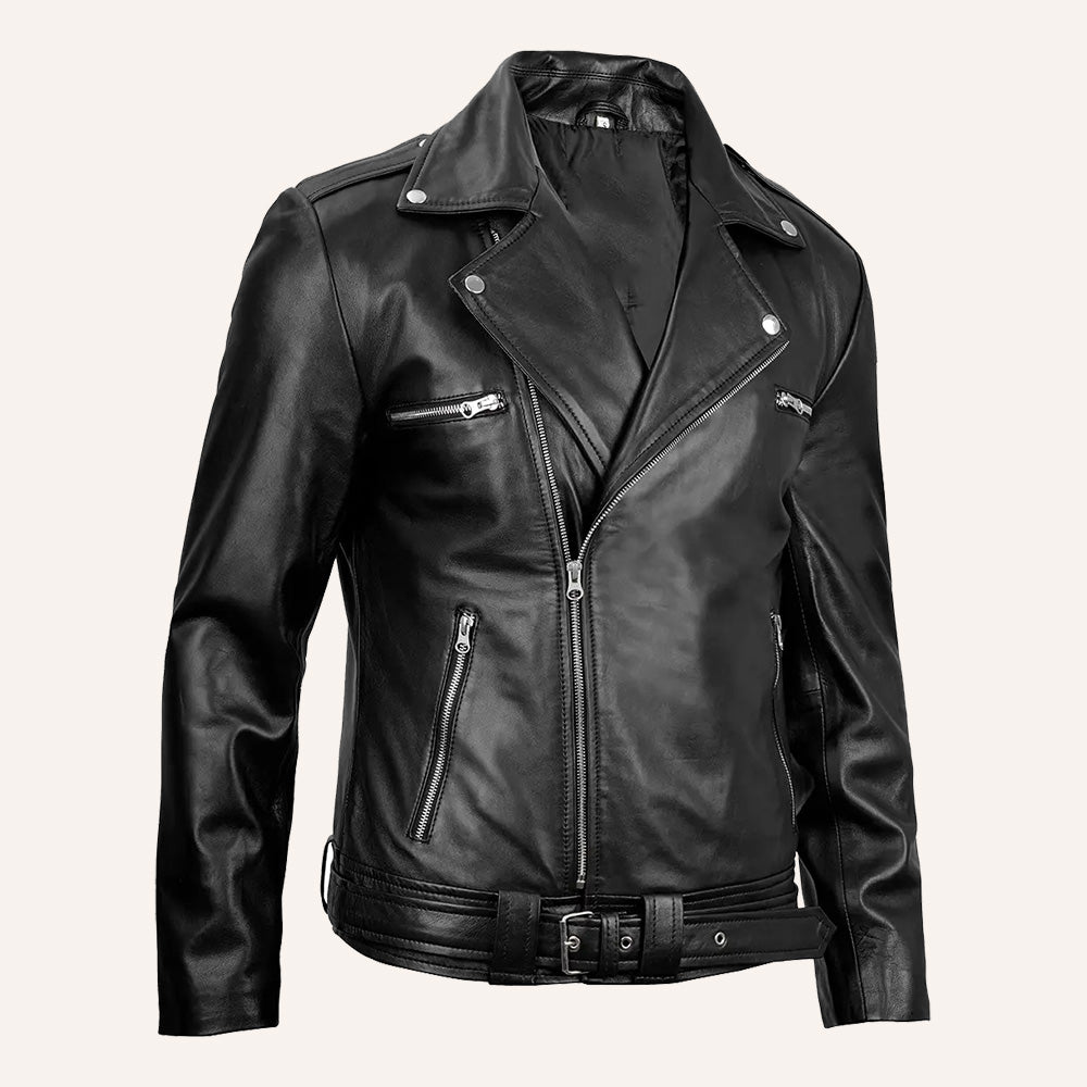 Men’s Classic Black Real Leather Belted Double Rider Biker Jacket