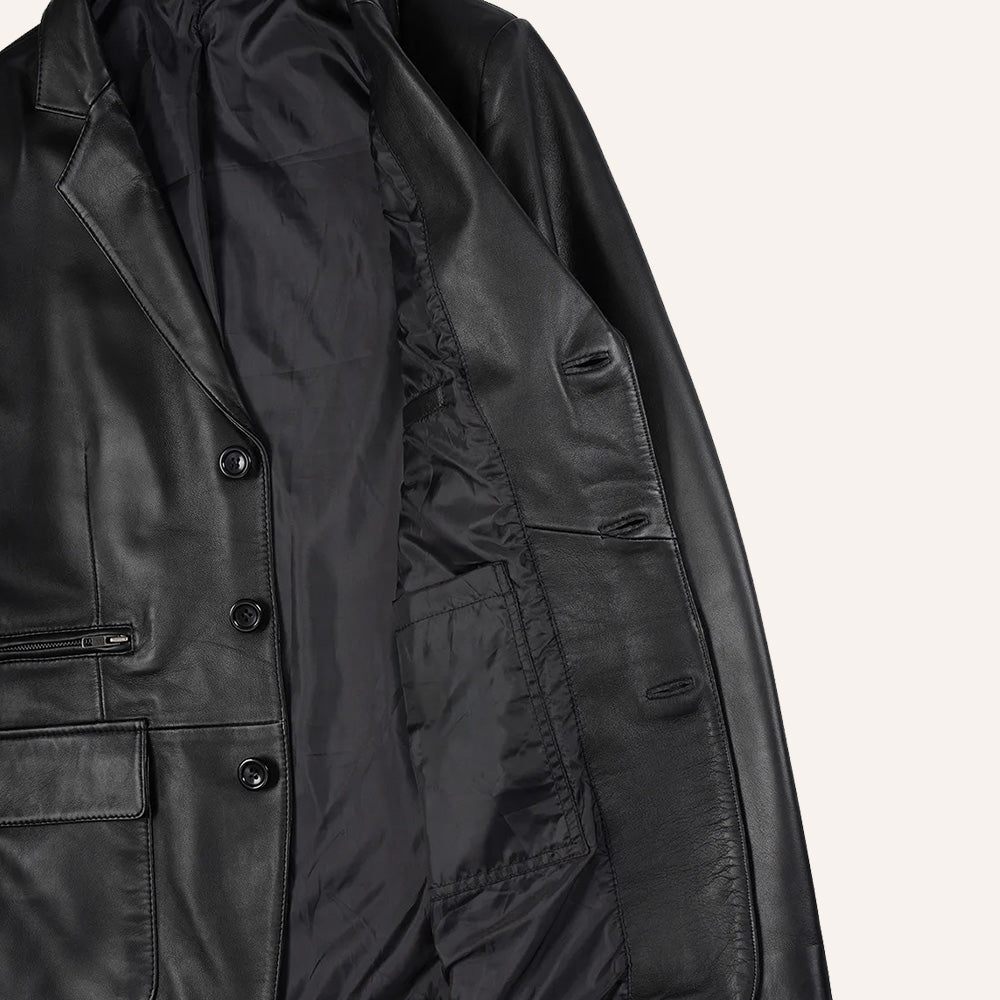 Men’s Classic Tailored Black Real Leather Blazer Jacket