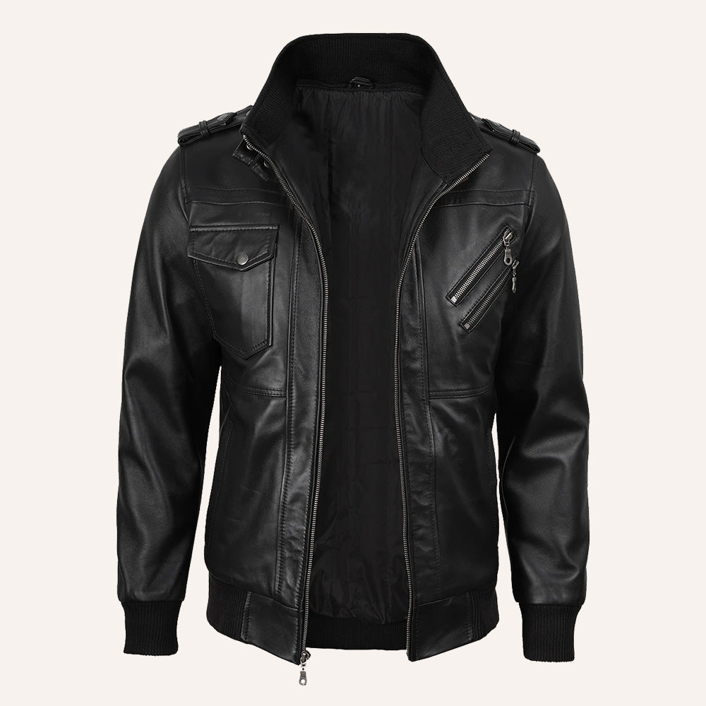 Men’s Black Real Leather 2-in-1 Hooded Bomber Jacket with Removable Hood