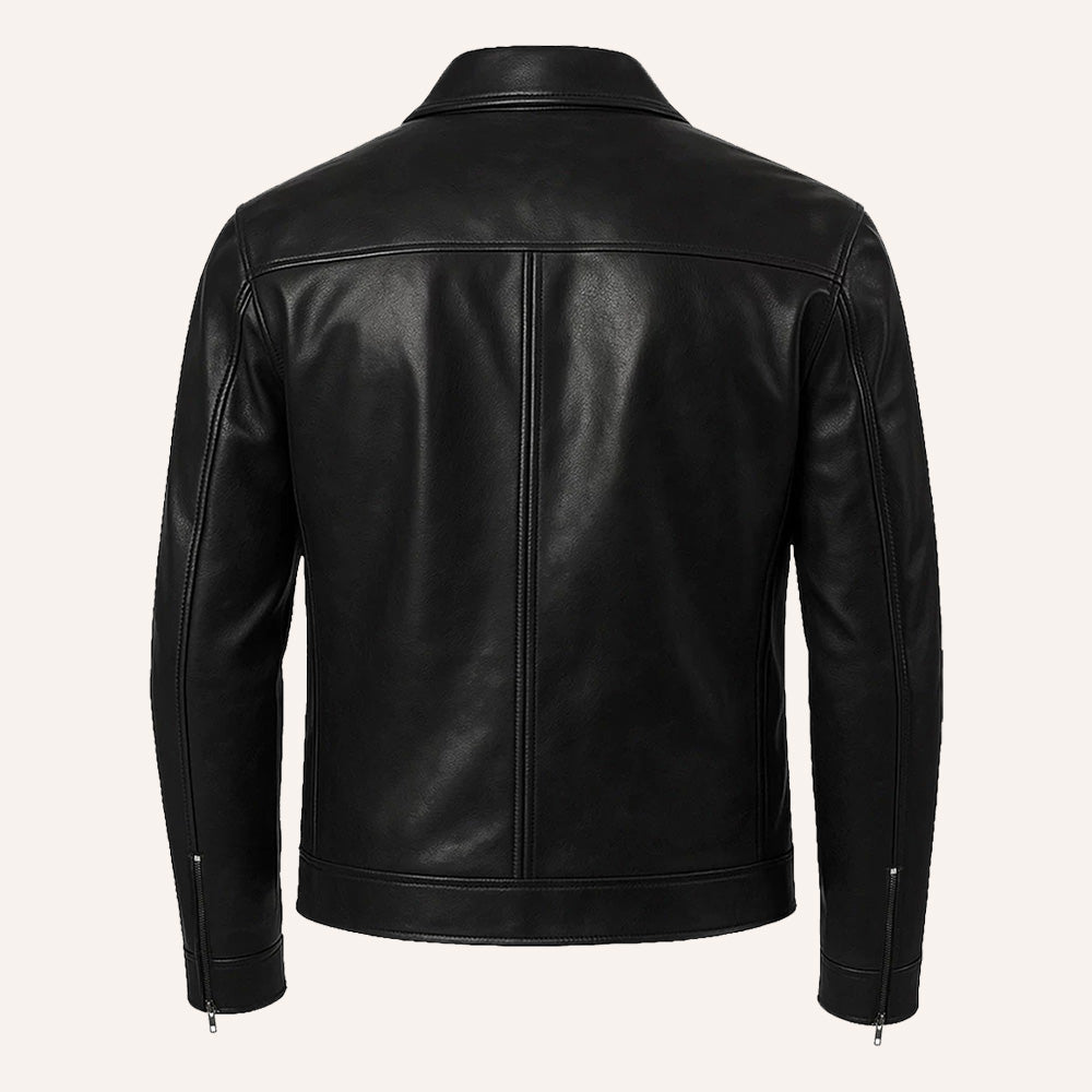 Men’s Classic Black Leather Jacket with Shirt Collar