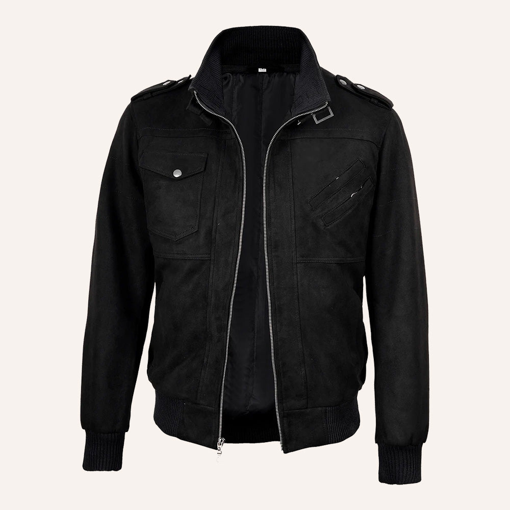 Men’s Classic Black Real Suede 2-in-1 Hooded Bomber Jacket with Removable Hood
