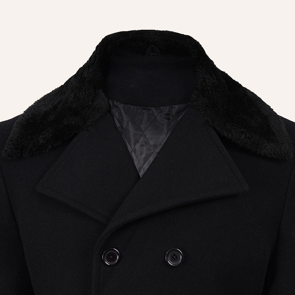Men’s Classic Black Long Wool Greatcoat with Faux Fur Collar