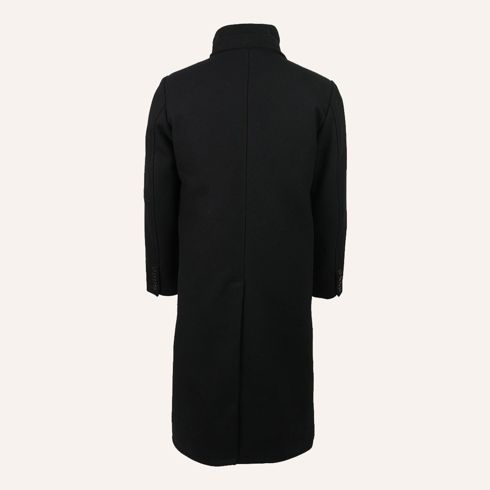 Men’s Classic Black Wool Long Overcoat with Removable Zip Vest