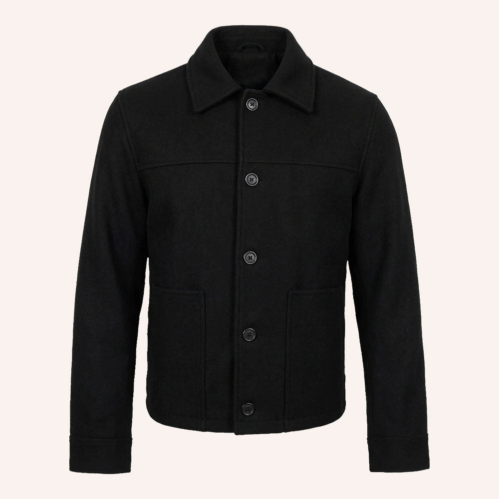 Men’s Classic Black Wool Shirt Jacket with Quilted Lining