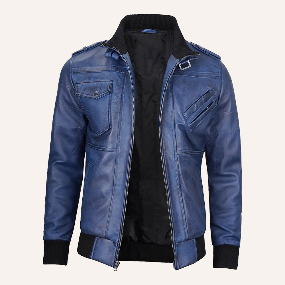Men’s Vintage Blue Real Leather 2-in-1 Hooded Bomber Jacket with Removable Hood
