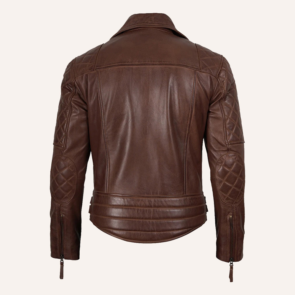 Men’s Classic Brown Real Leather Quilted Biker Jacket