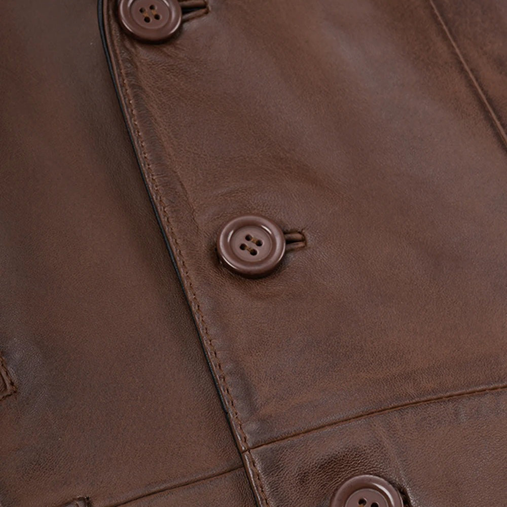 Men’s Classic Two-Tone Brown Real Leather Blazer with Black Lapel