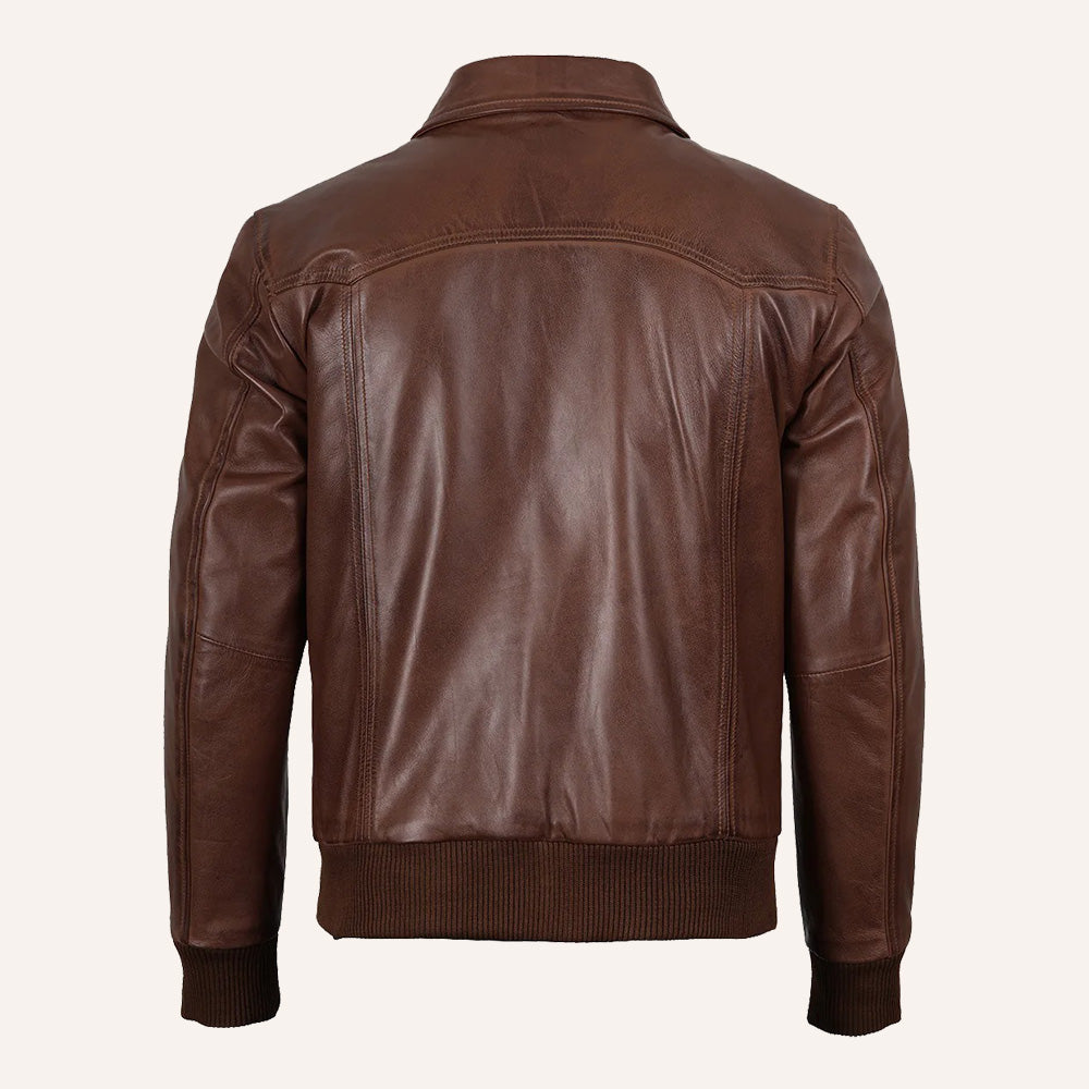 Men’s Classic Brown Real Leather Shirt-Collar Bomber Jacket