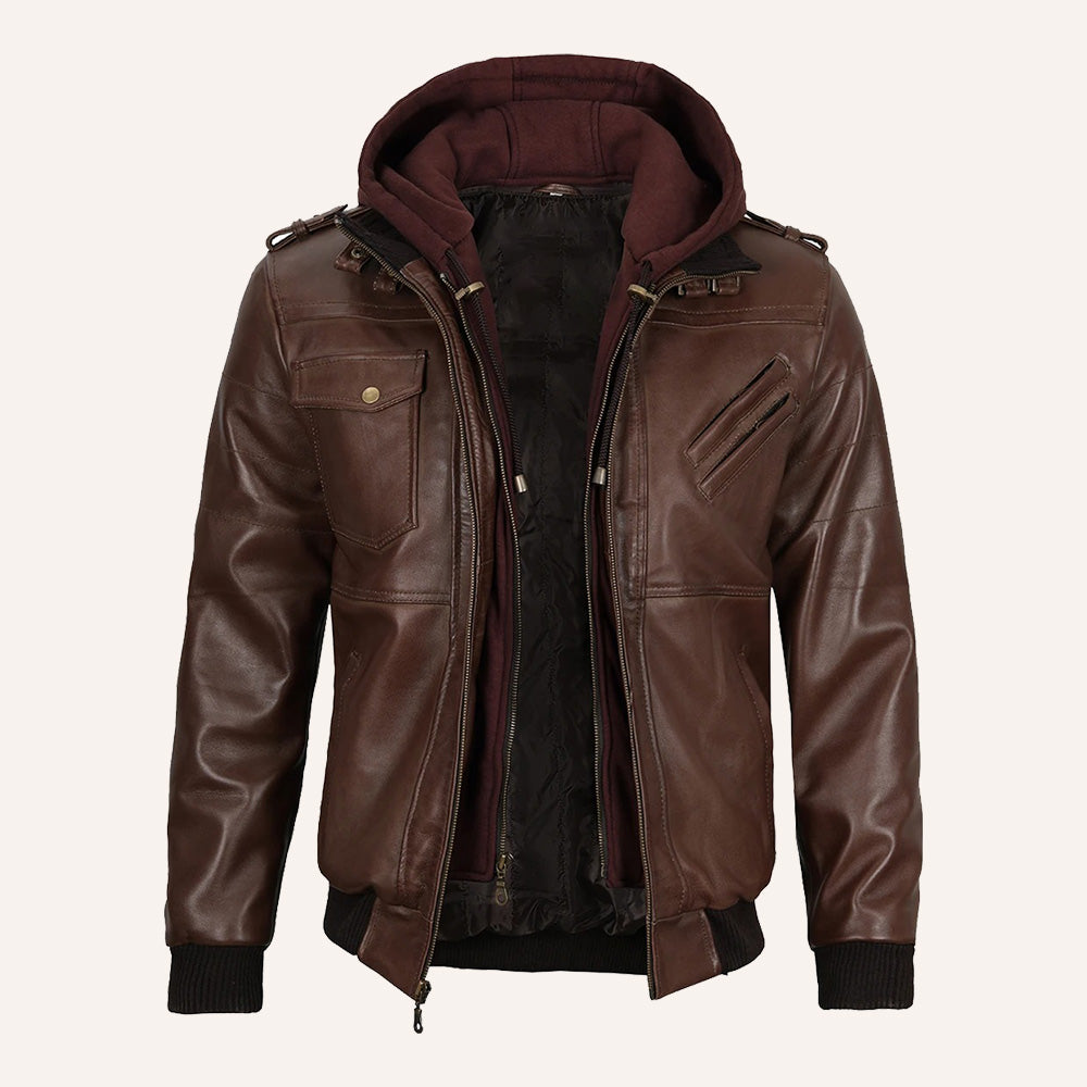 Men’s Brown Real Leather 2-in-1 Hooded Bomber Jacket with Removable Maroon Hood