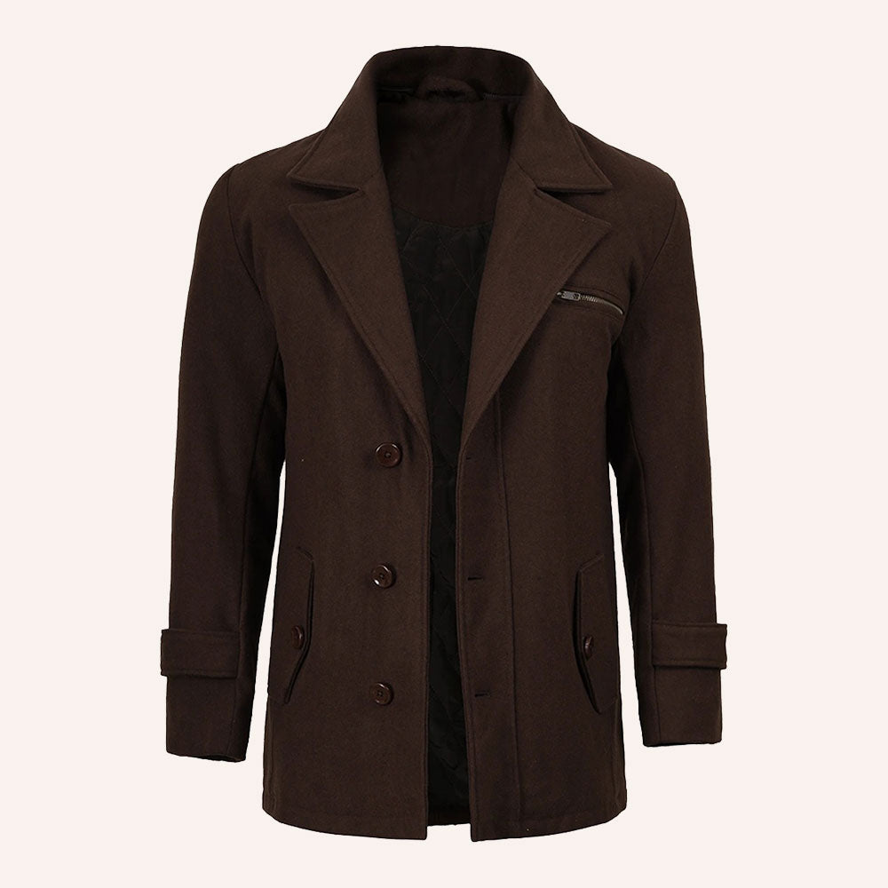 Men’s Classic Dark Brown Wool Pea Coat with Removable Hood