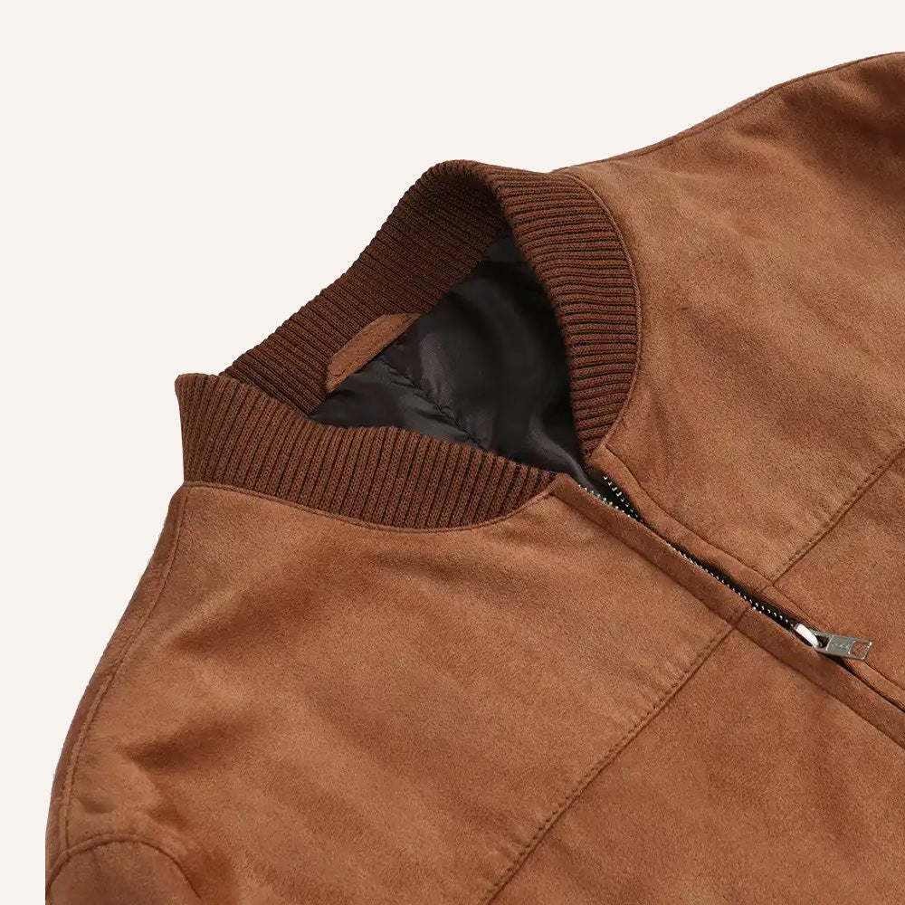 Men’s Classic Cognac Brown Real Suede Leather Bomber Jacket