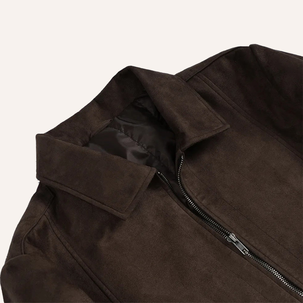 Men’s Classic Dark Brown Faux Suede Zip-Up Jacket