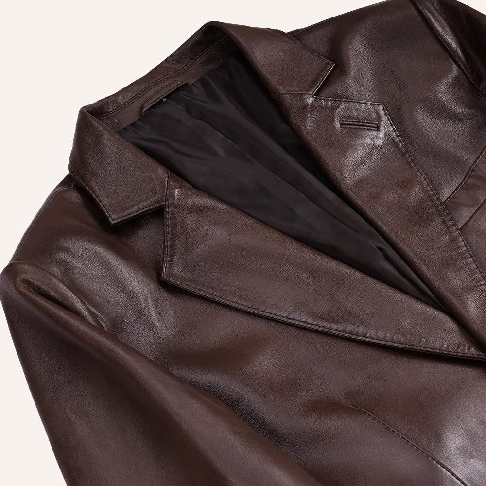 Men’s Classic Dark Brown Real Leather Two-Button Blazer Jacket