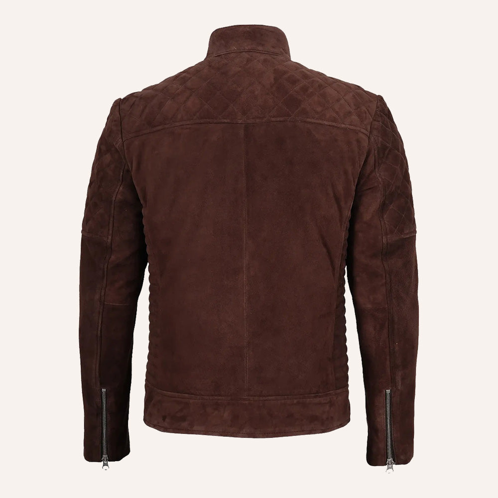 Men’s Classic Dark Brown Quilted Real Suede Biker Jacket