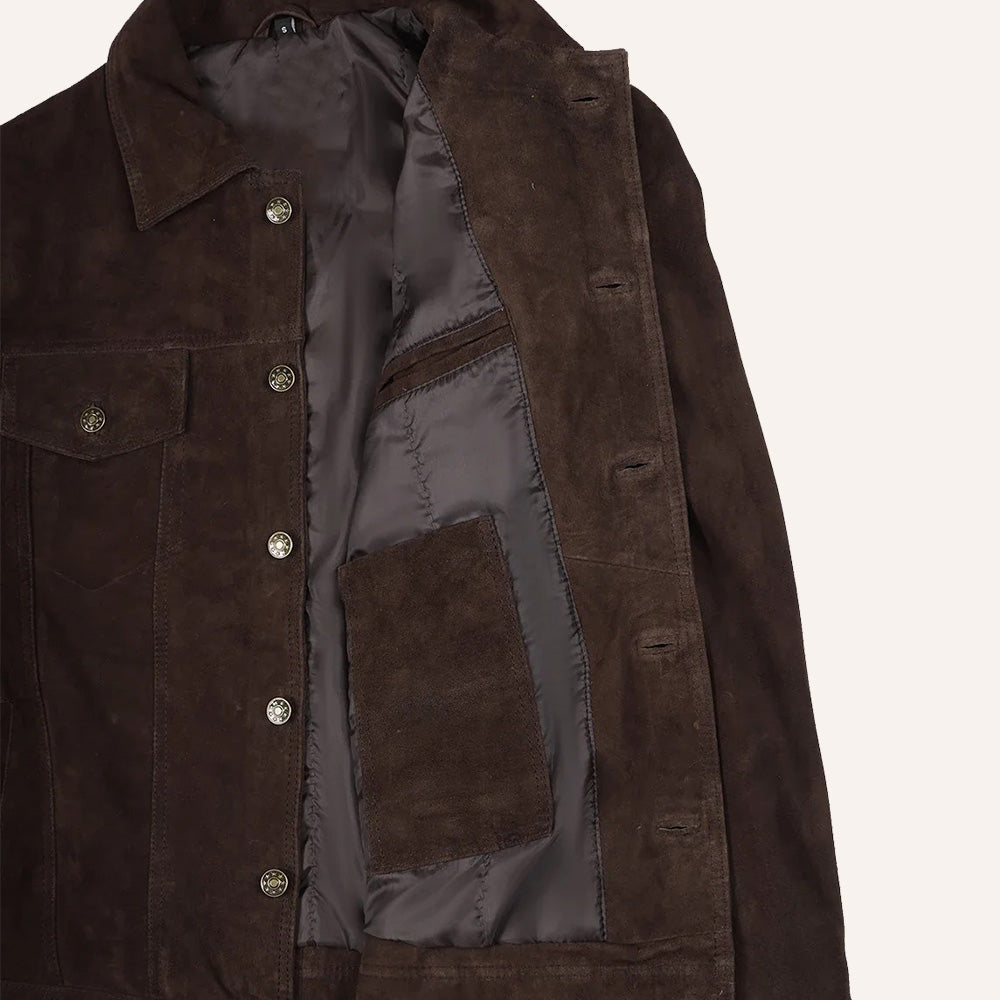 Men’s Vintage Dark Brown Suede Leather Trucker Jacket