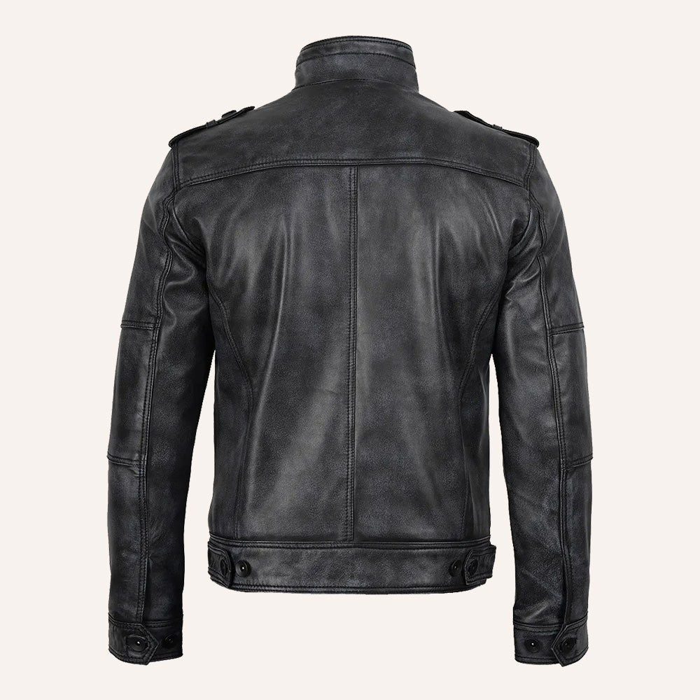 Men’s Distressed Black Real Leather Rib Collar Biker Jacket