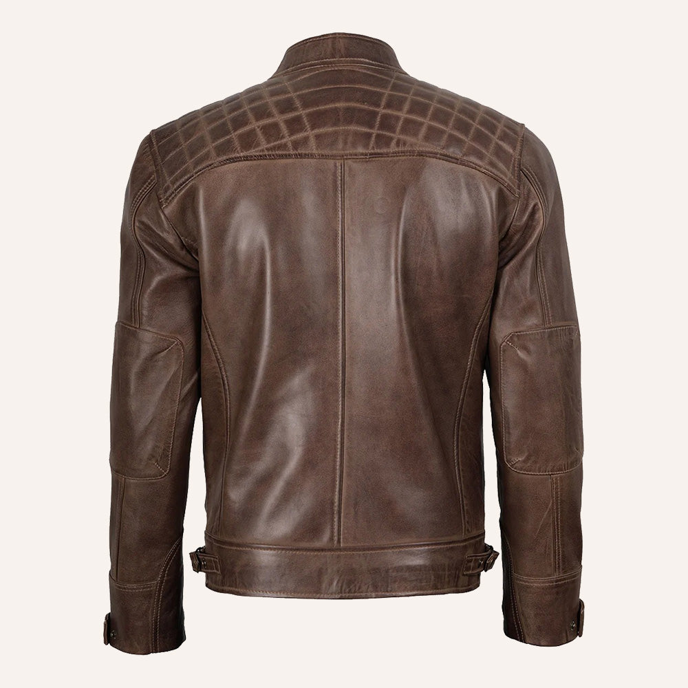 Men’s Distressed Brown Real Leather Quilted Biker Jacket