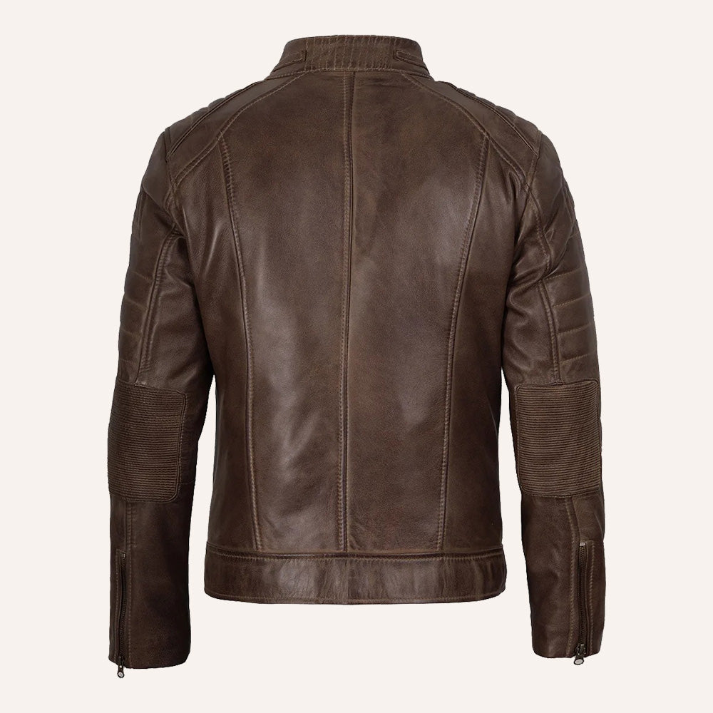 Men’s Distressed Brown Real Leather Cafe Racer Biker Jacket