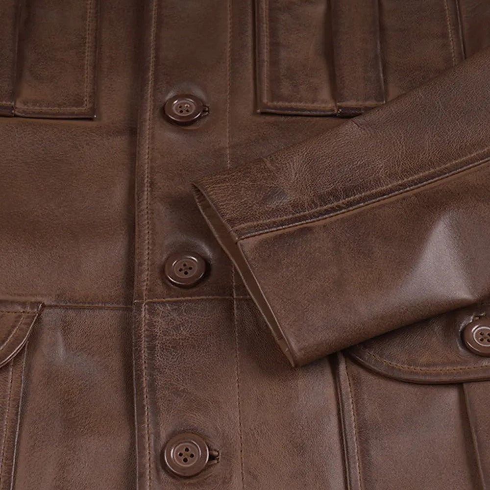 Men’s Classic Distressed Brown Real Leather Safari Field Jacket