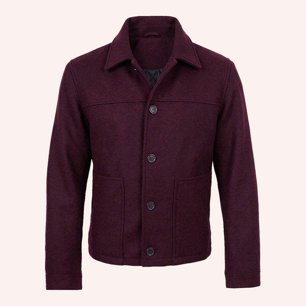Men’s Classic Burgundy Wool Shirt Jacket with Quilted Lining