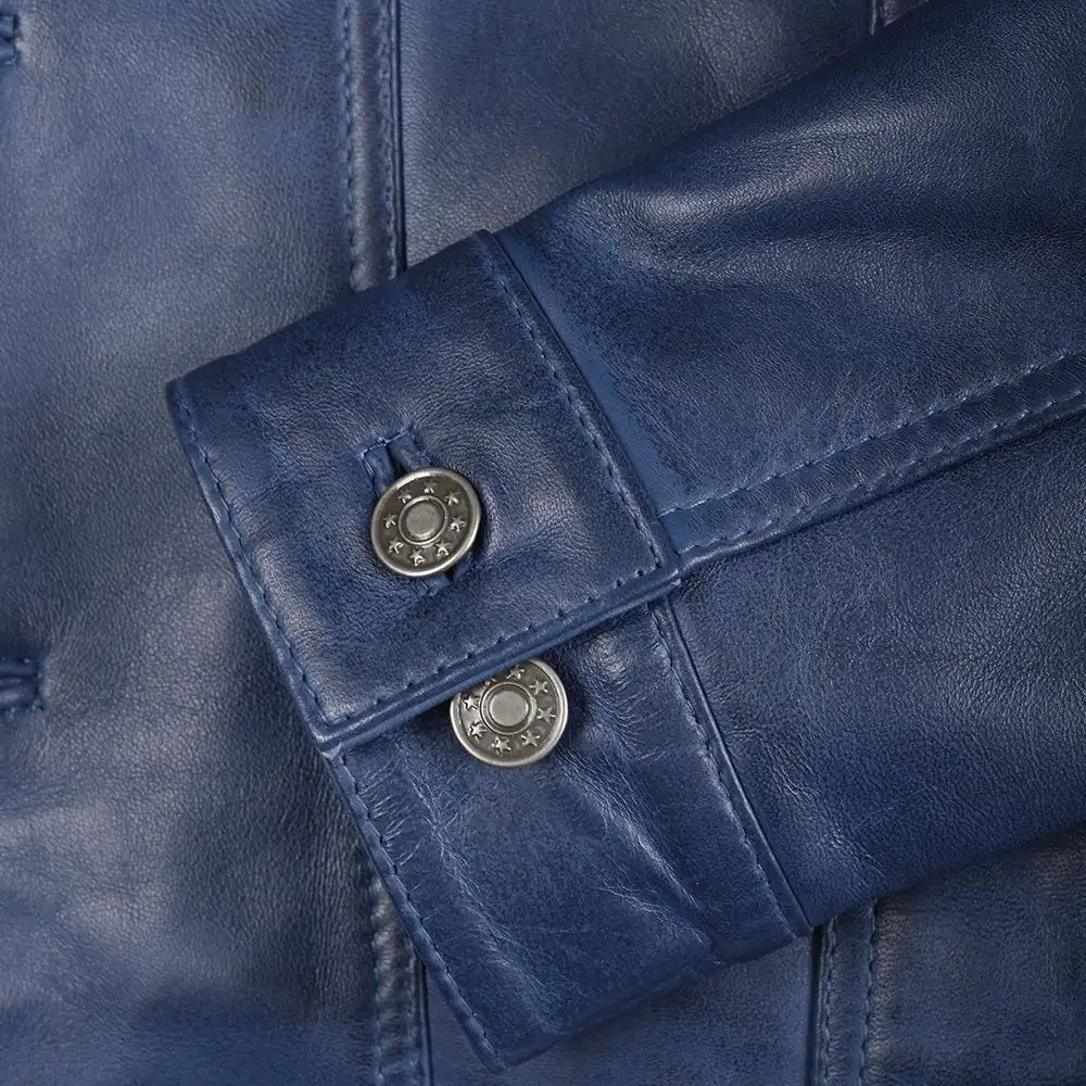 Men’s Classic Navy Blue Real Leather Trucker Jacket